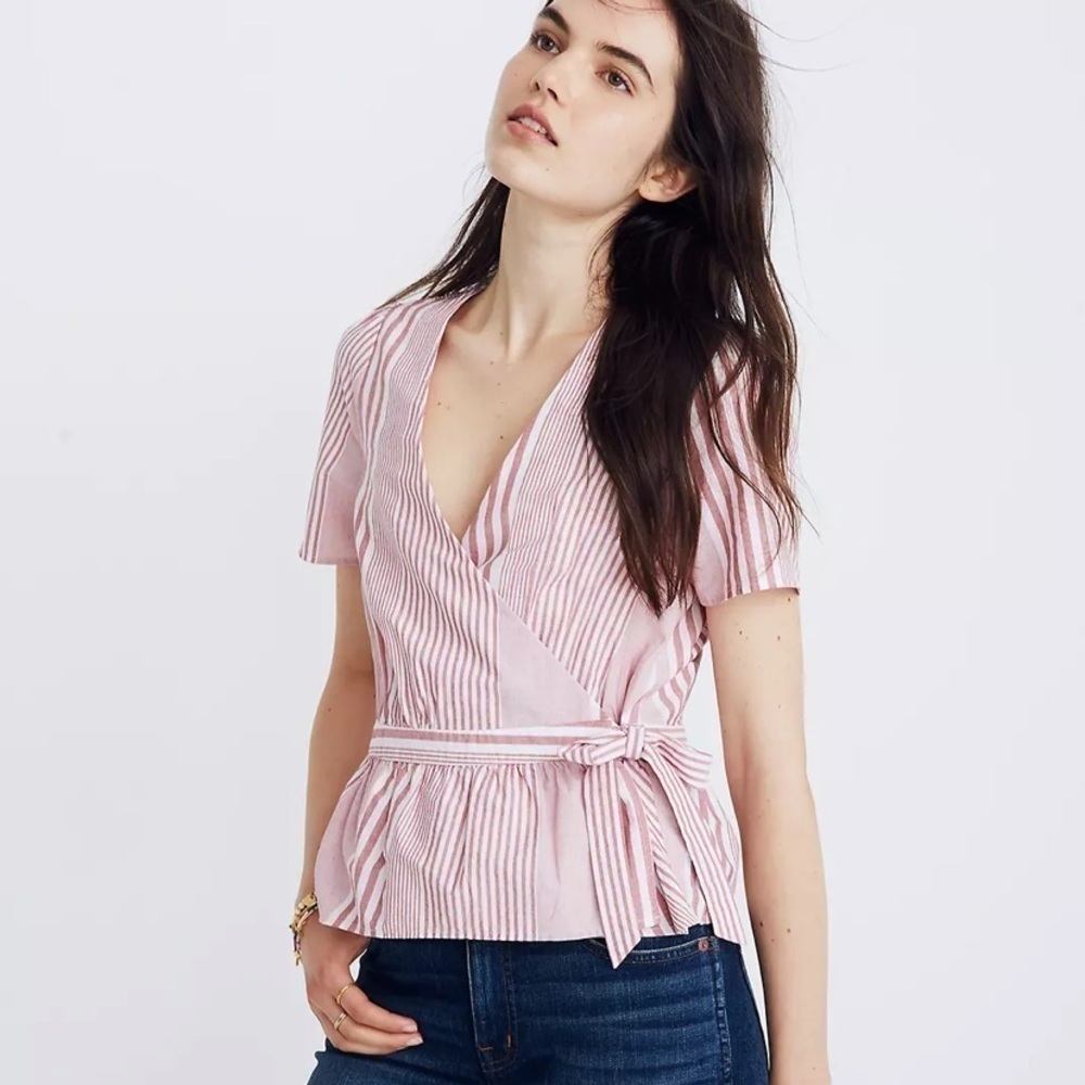 Madewell Ruffle-Hem Wrap Top in Stripe Mix Size Small